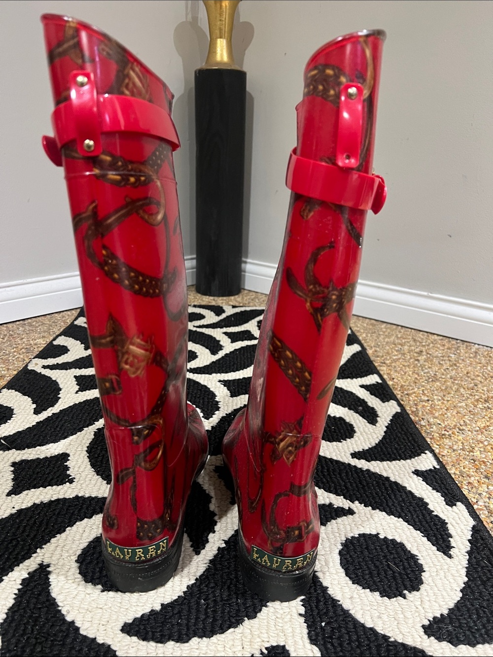 Lauren Ralph Lauren Red Glossy Printed Tall Rain Boots